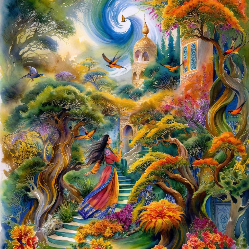 A mystical and spiritual watercolor painting of a beautiful Iranian woman standing inside a beautiful Iranian home amidst a swirl of colorful flowers, a maze of asymmetrical bonsai trees, cypress trees, grapevines, a whirlwind of beautiful little birds, and silk carpets in shades of green, blue, and yellow.