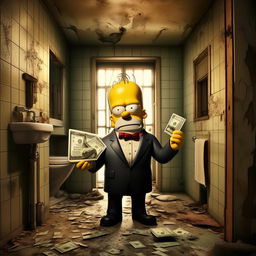 Homer Simpson in a sharp suit, standing in a derelict bathroom. He's holding a $100 bill in one hand and a credit card in the other, his facial expression reflects bewilderment and confusion.