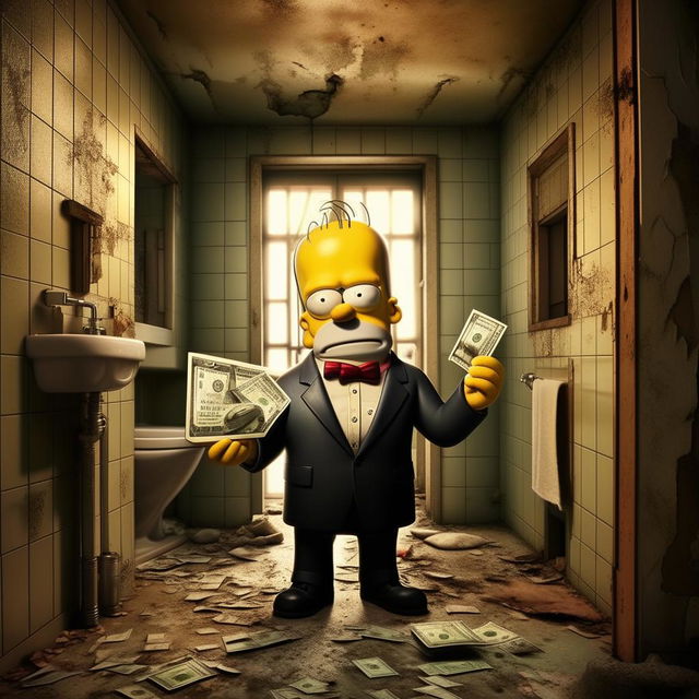 Homer Simpson in a sharp suit, standing in a derelict bathroom. He's holding a $100 bill in one hand and a credit card in the other, his facial expression reflects bewilderment and confusion.