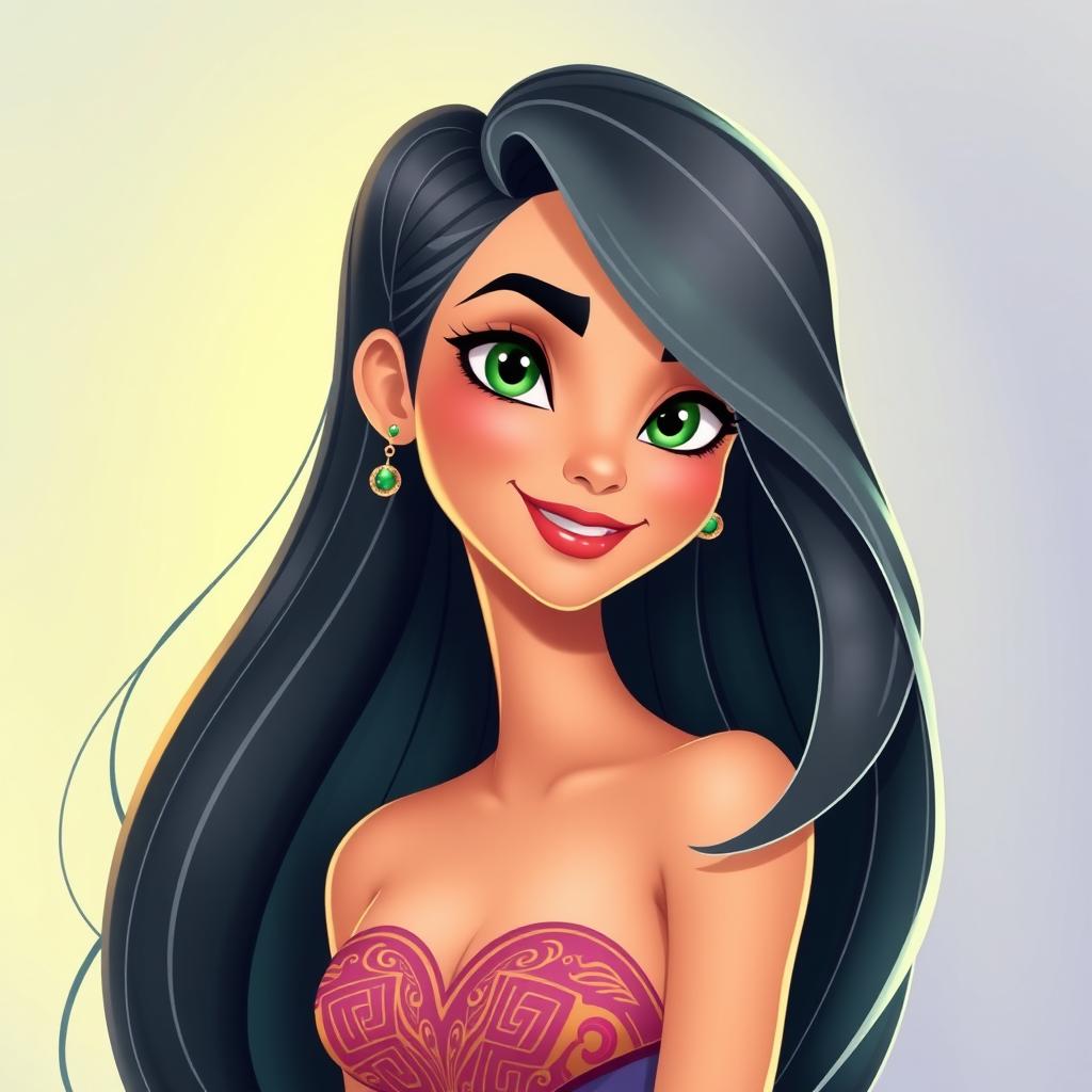 An animated portrait of a beautiful woman with long, flowing hair cascading down her shoulders