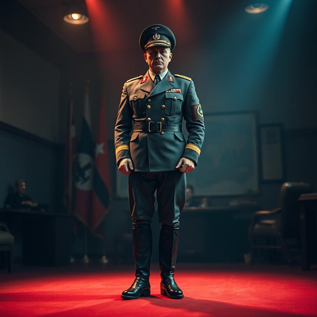 A historical character inspired by traits often associated with totalitarian leaders, showcasing a distinct military uniform reminiscent of the 1930s, complete with symbolic insignia