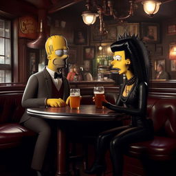 A somewhat tipsy Homer Simpson, styled in a suave suit, engaging in conversation with a gothic-styled woman in the lively atmosphere of a pub. His typical clumsiness and her nonchalant composure create an amusing contrast.