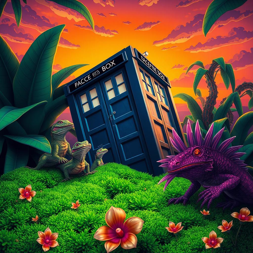 A dramatic and vibrant scene depicting the TARDIS crash landing in a whimsical lizard-themed world
