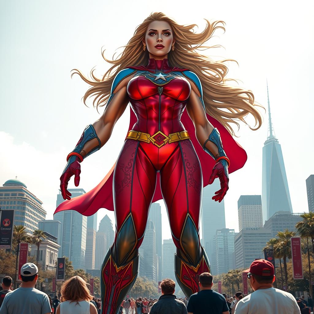 A towering giant woman, inspired by comic book aesthetics, standing majestically in an urban environment