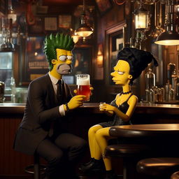 A somewhat tipsy Homer Simpson, styled in a suave suit, engaging in conversation with a gothic-styled woman in the lively atmosphere of a pub. His typical clumsiness and her nonchalant composure create an amusing contrast.