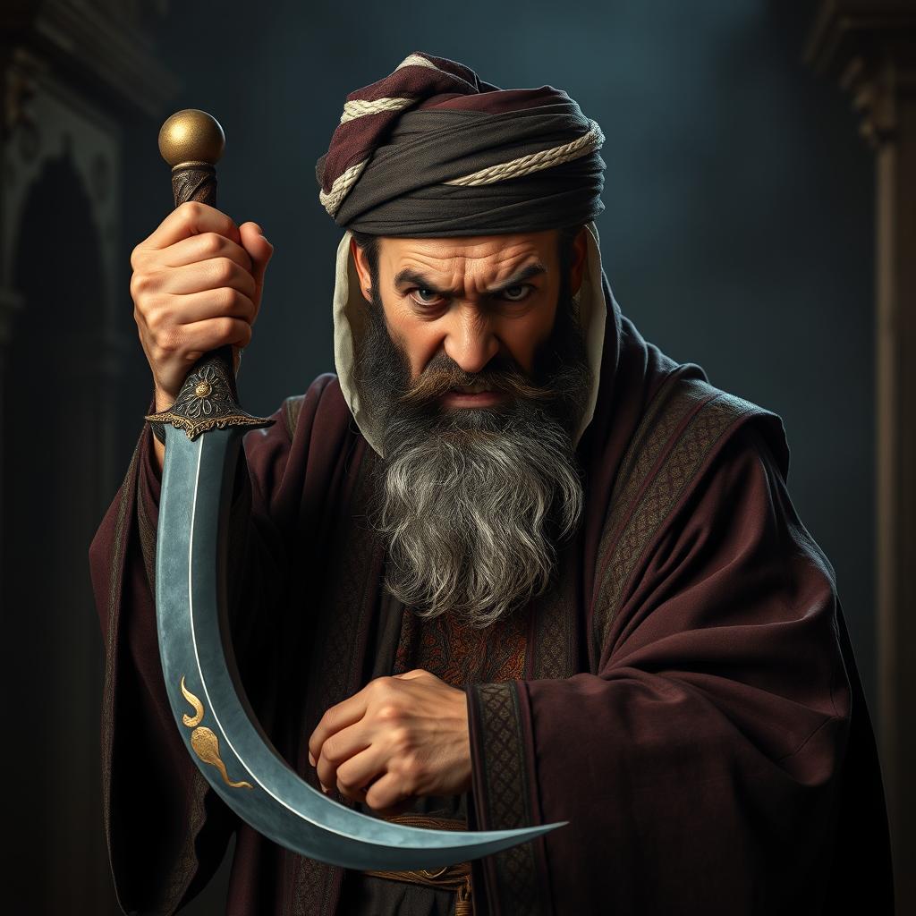 A furious clergyman in traditional attire, holding a curved dagger (qama) with a fierce expression