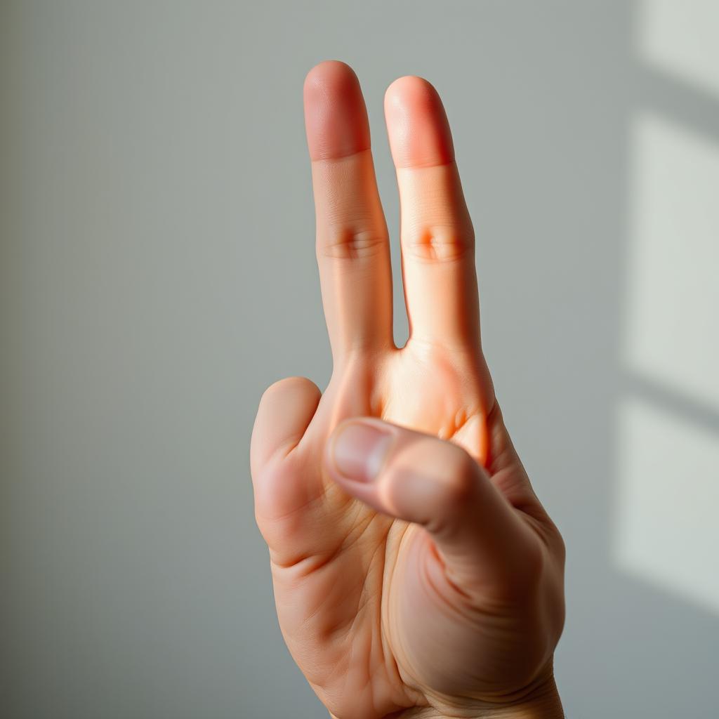 A close-up of a hand with two fingers raised in a forward gesture, a symbolic pose representing peace or victory