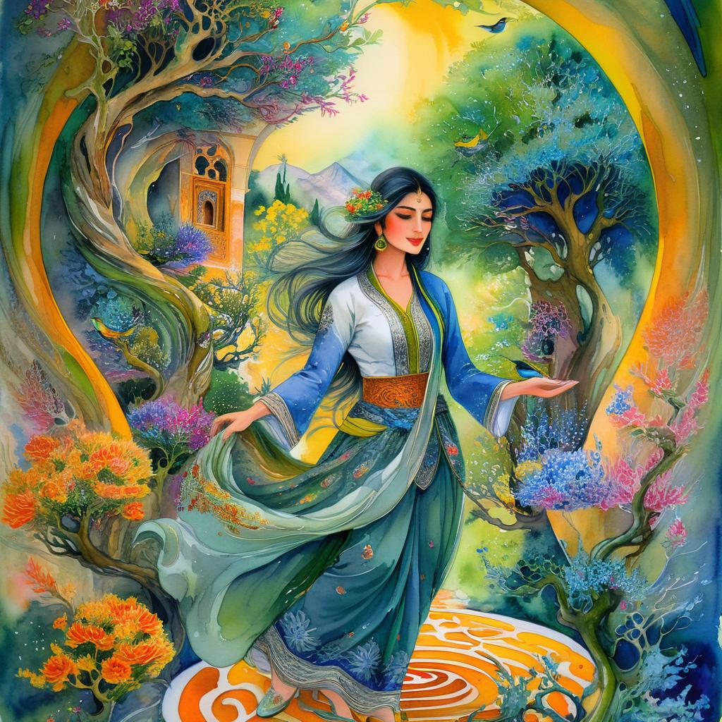 A mystical and spiritual watercolor painting of a beautiful Iranian woman standing inside a beautiful Iranian home amidst a swirl of colorful flowers, a maze of asymmetrical bonsai trees, cypress trees, grapevines, a whirlwind of beautiful little birds, and silk carpets in shades of green, blue, and yellow.