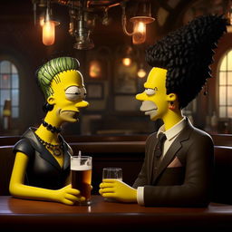 A somewhat tipsy Homer Simpson, styled in a suave suit, engaging in conversation with a gothic-styled woman in the lively atmosphere of a pub. His typical clumsiness and her nonchalant composure create an amusing contrast.