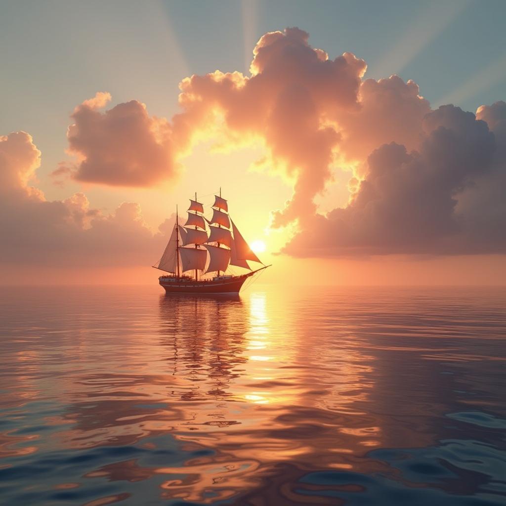 A serene sunrise over a calm sea, with warm hues of orange, pink, and gold reflecting on the water's surface