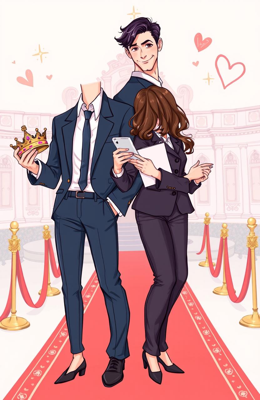 A soft, hand-drawn illustration in the style of romantic comedy fan art featuring a tall man with dark hair in a navy suit and a loosened tie