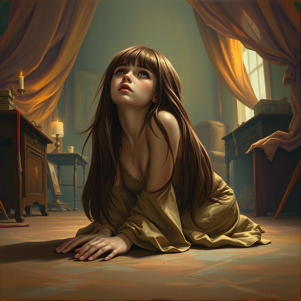 A painting titled "Longing" depicting a girl in a room filled with warm yet mysterious colors