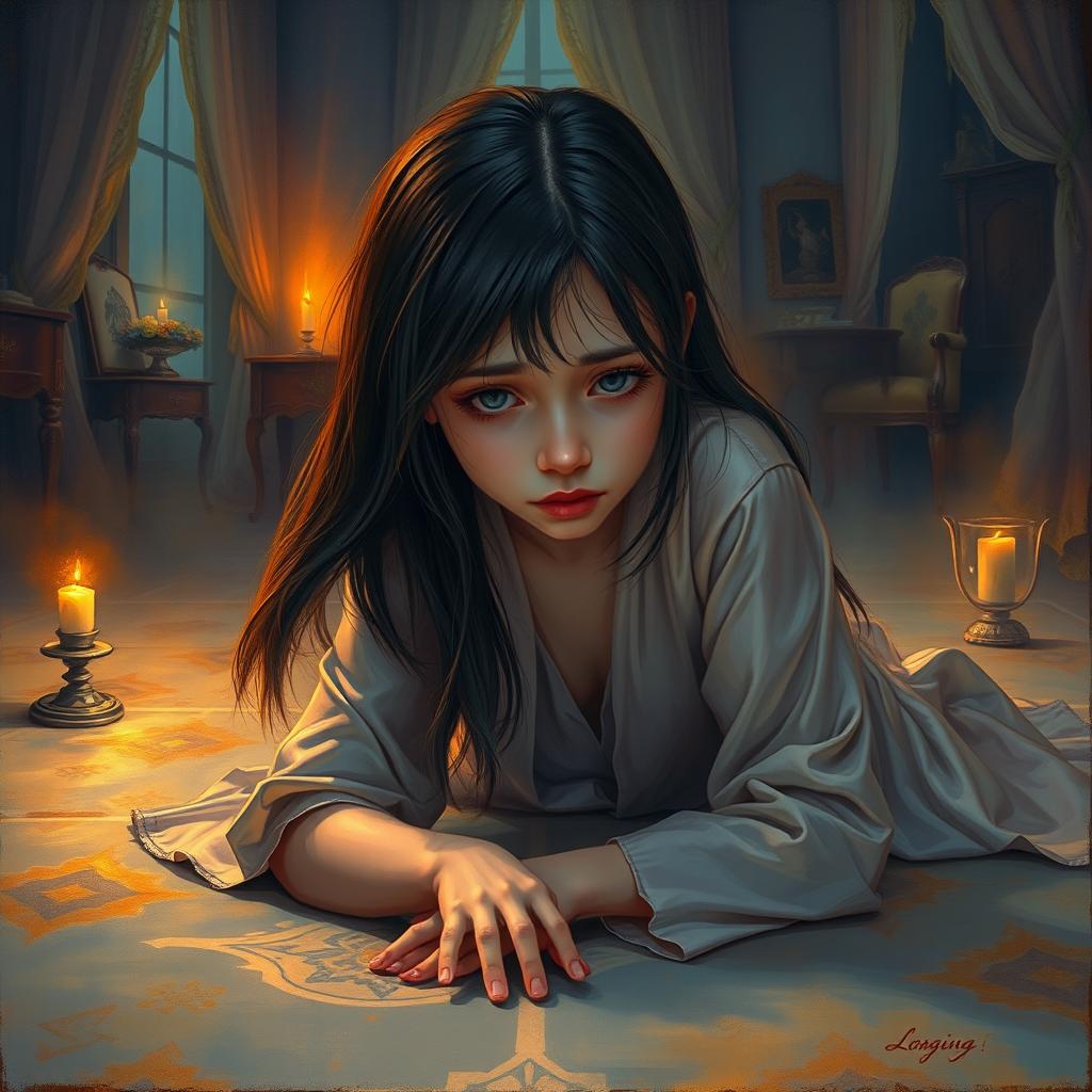 A painting titled "Longing" showcasing a girl in a room filled with warm yet mysterious colors