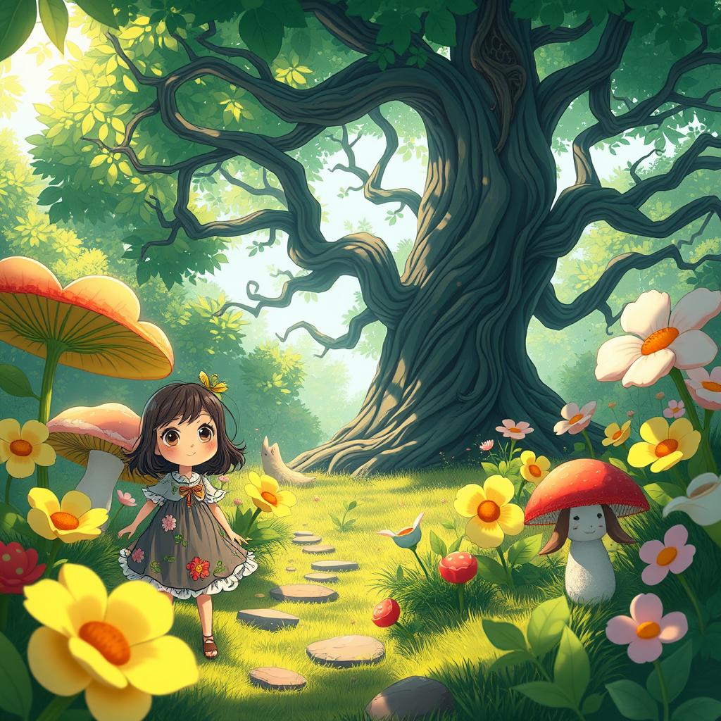 A whimsical scene depicting a lush, vibrant forest filled with oversized flowers and magical creatures, inspired by the enchanting and detailed art style of Studio Ghibli