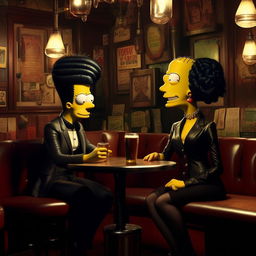 A somewhat tipsy Homer Simpson, styled in a suave suit, engaging in conversation with a gothic-styled woman in the lively atmosphere of a pub. His typical clumsiness and her nonchalant composure create an amusing contrast.