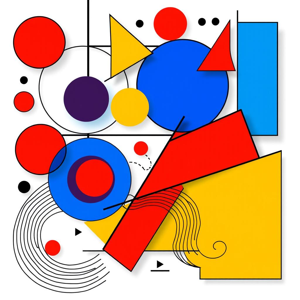 A dynamic and abstract 2D composition featuring bold geometric shapes such as circles, triangles, and rectangles in vibrant colors like blue, red, and yellow