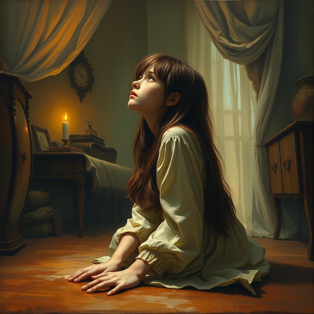 A painting titled "Longing" depicting a girl in a room filled with warm yet mysterious colors