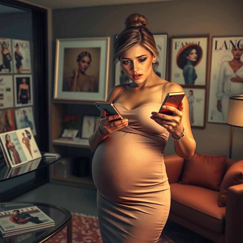 An impactful scene depicting a pregnant fashion magazine editor in her sleek, modern office, grappling with the shock of discovering her husband's infidelity