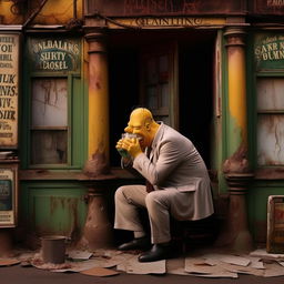 An inebriated Homer Simpson, dressed in a sleek suit, on his knees crying outside a worn-out, old pub. The scene increases its poignancy by the decaying aesthetics of the pub backdrop.