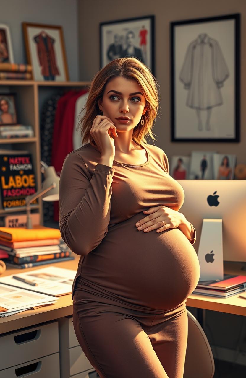 A realistic depiction of a pregnant woman working as an editor for a fashion magazine