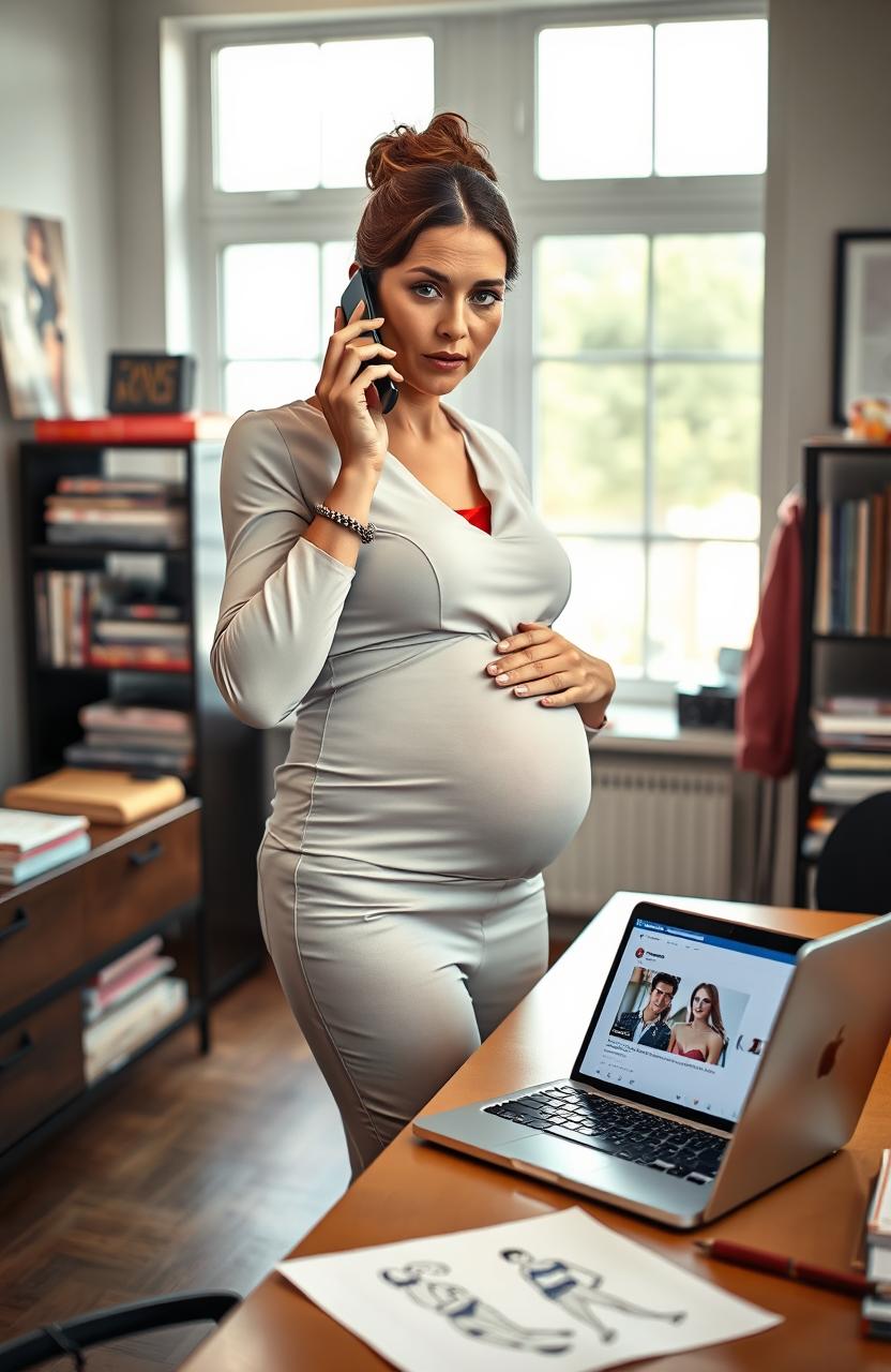 A pregnant young woman, stylishly dressed as a fashion magazine editor, stands in an upscale, modern office filled with fashion magazines and trendy decor