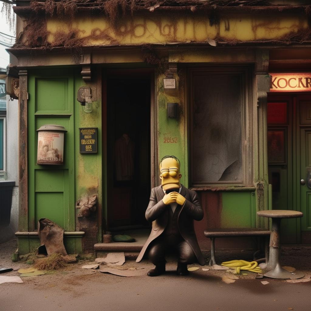 An inebriated Homer Simpson, dressed in a sleek suit, on his knees crying outside a worn-out, old pub. The scene increases its poignancy by the decaying aesthetics of the pub backdrop.