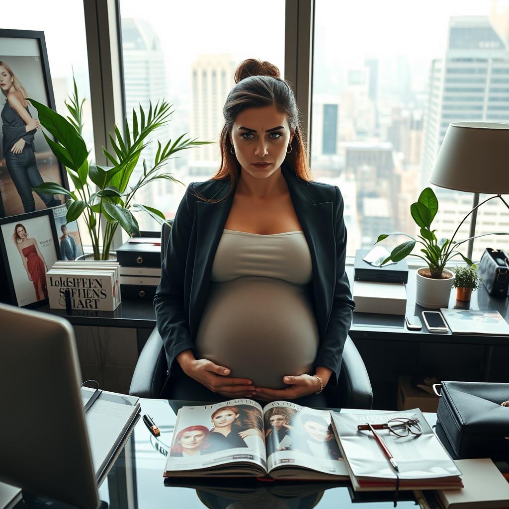 A pregnant woman, a fashion magazine editor, looking shocked and distressed as she sits at her elegant desk filled with fashion magazines and designer items