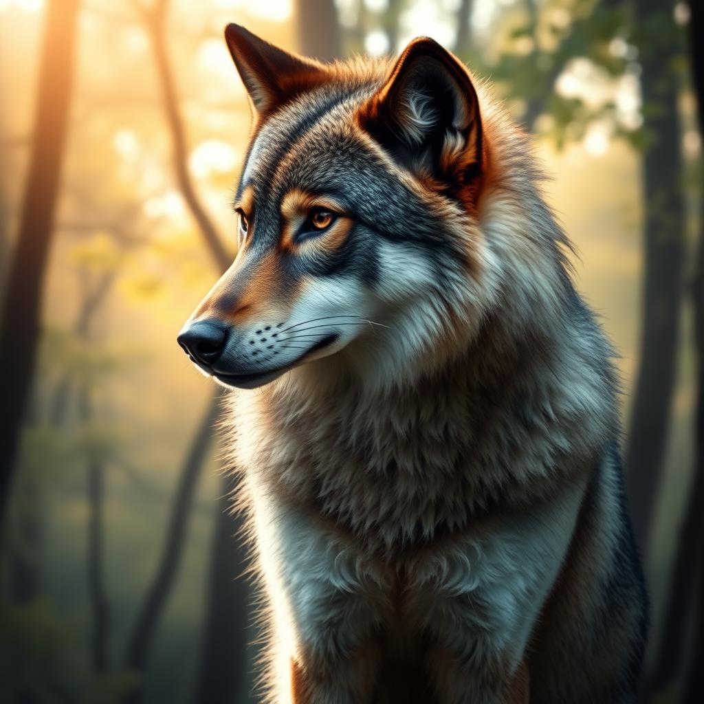 A beautifully detailed profile portrait of a majestic wolf, showcasing its fur texture and intense eyes