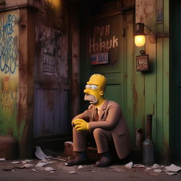 An inebriated Homer Simpson, dressed in a sleek suit, on his knees crying outside a worn-out, old pub. The scene increases its poignancy by the decaying aesthetics of the pub backdrop.