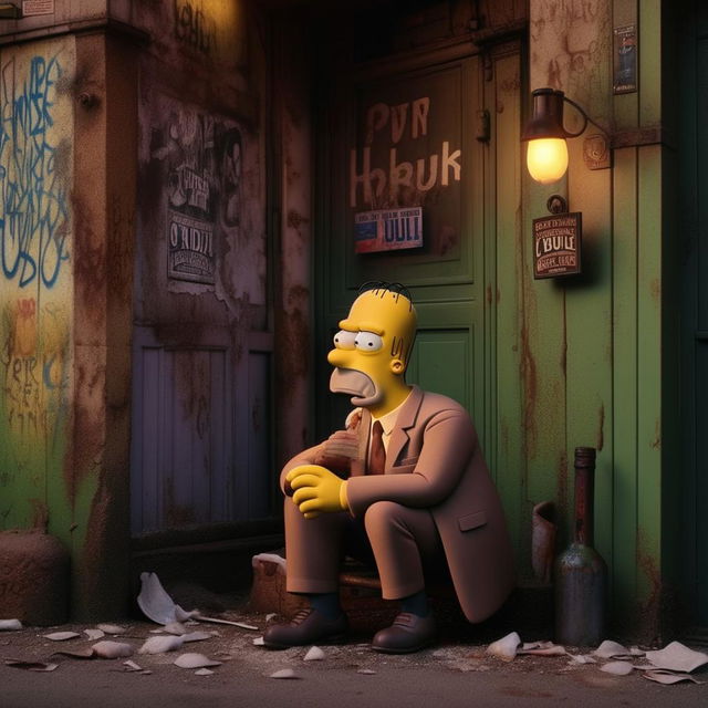 An inebriated Homer Simpson, dressed in a sleek suit, on his knees crying outside a worn-out, old pub. The scene increases its poignancy by the decaying aesthetics of the pub backdrop.