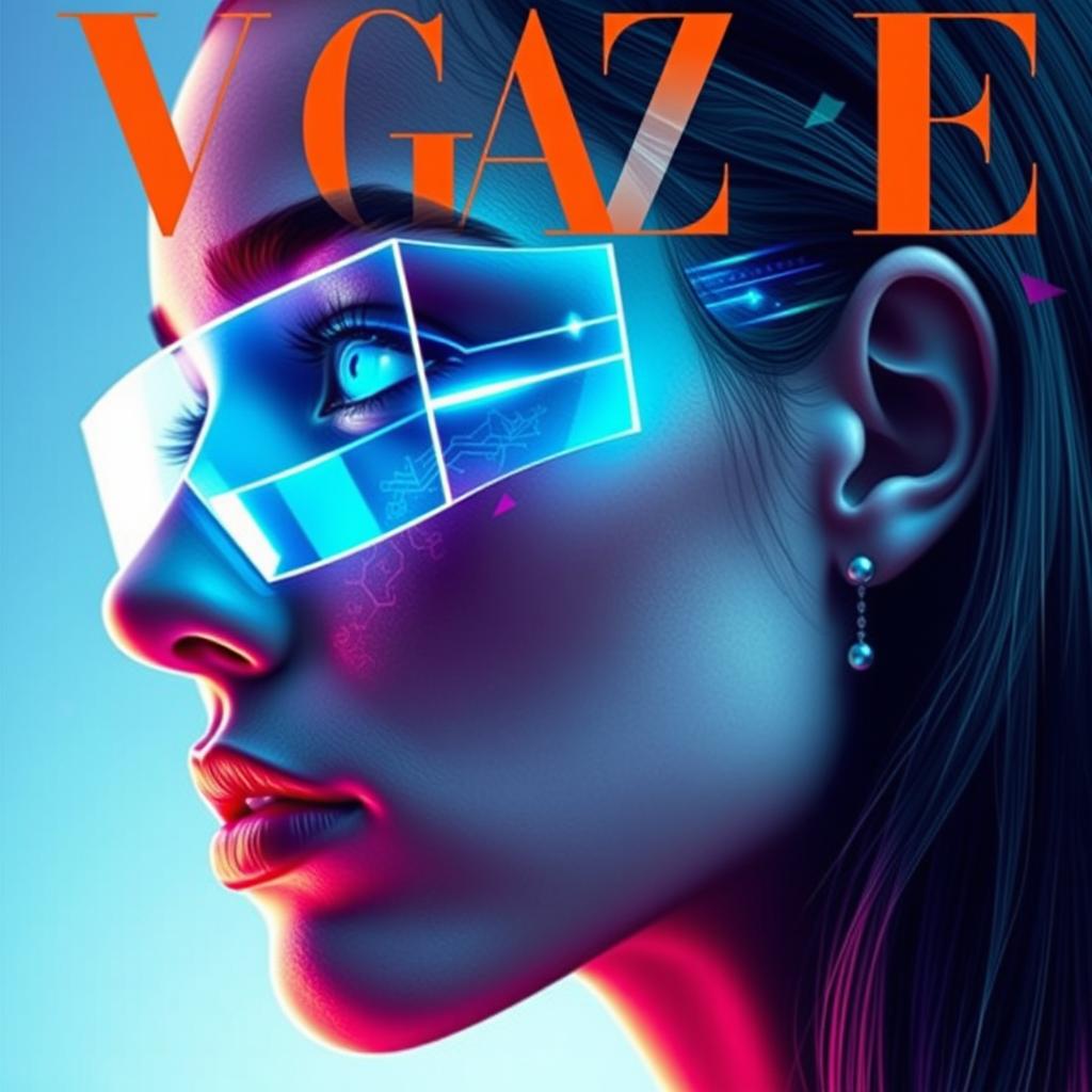 An eye-catching augmented reality style profile portrait for the cover of a magazine, showcasing half of a human face with vibrant, digitally enhanced features
