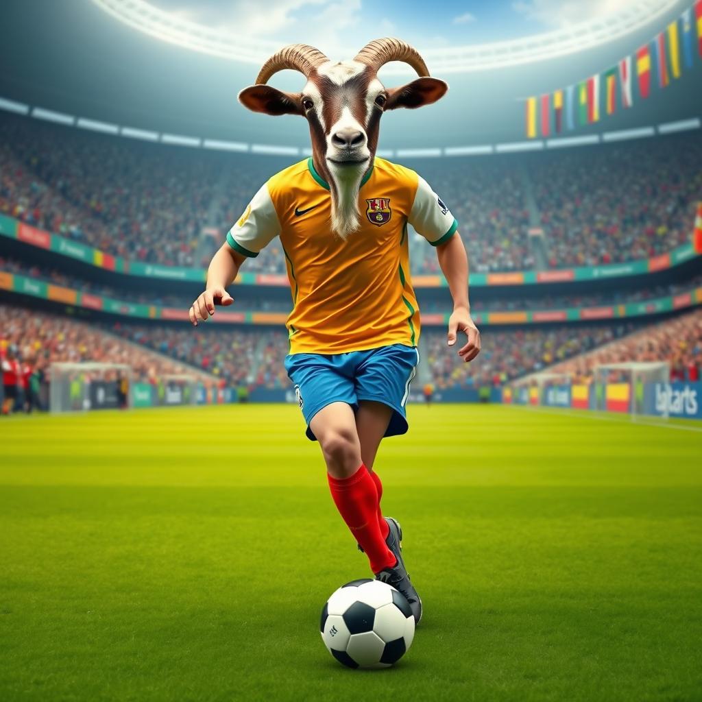A surreal and humorous portrait of a famous soccer player, characterized by a goat's face seamlessly blended onto his body