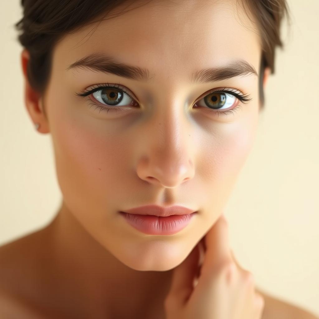 An image featuring half of a person's face looking directly at the viewer, with a soft cream-colored background