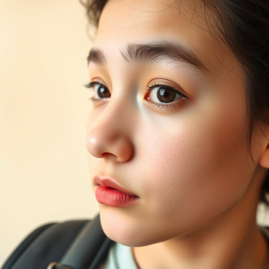An image featuring half of a student's face looking directly at the viewer, with a soft cream-colored background