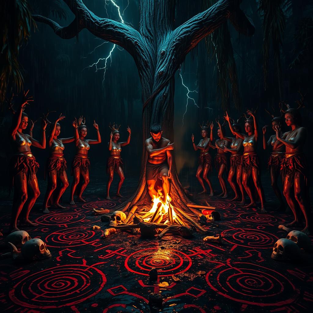 A surreal and ritualistic jungle scene at night
