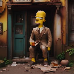 An inebriated Homer Simpson, dressed in a sleek suit, on his knees crying outside a worn-out, old pub. The scene increases its poignancy by the decaying aesthetics of the pub backdrop.