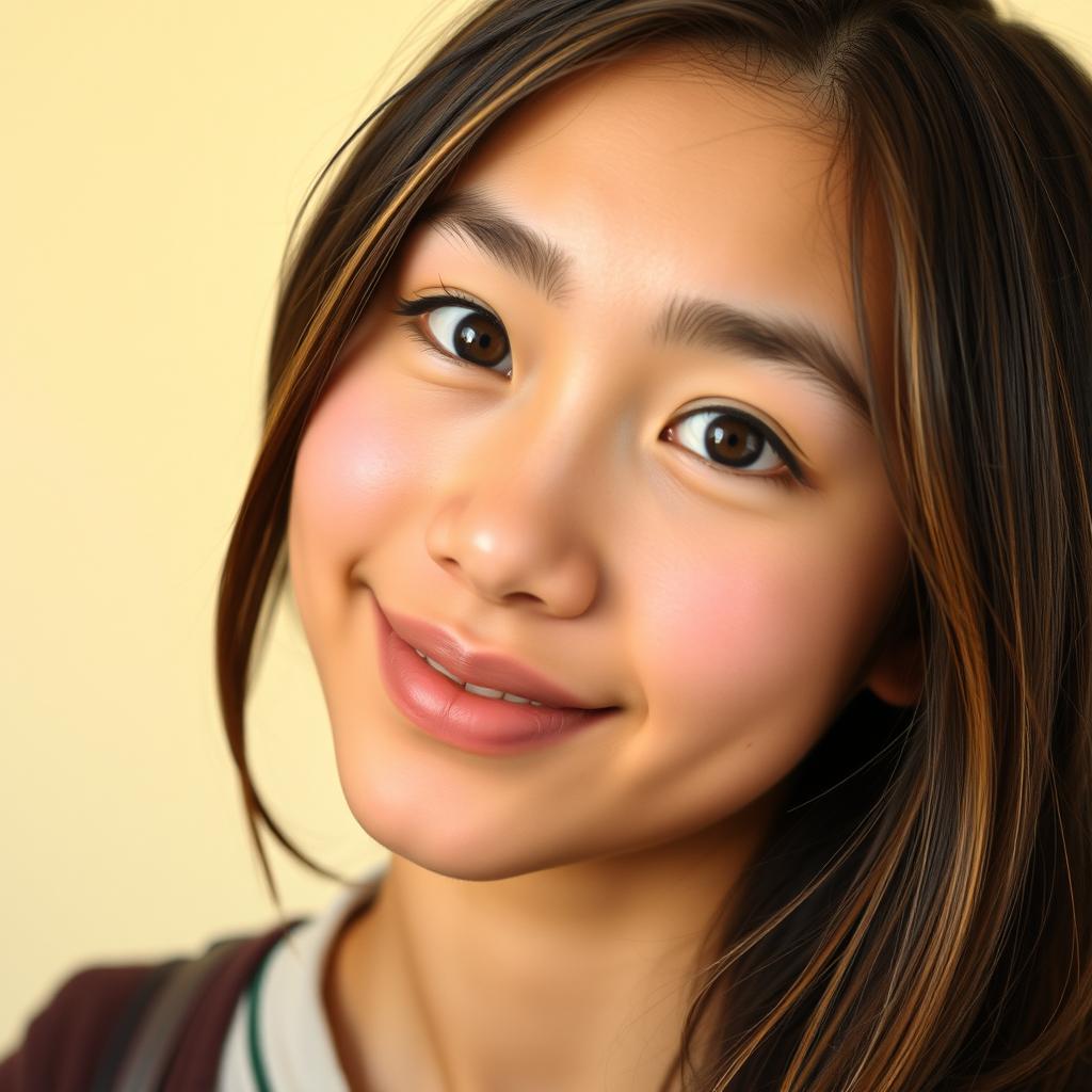An image featuring half of a student's face looking directly at the viewer, with a soft cream-colored background