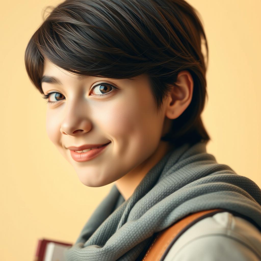 An image featuring half of a student's face looking directly at the viewer, set against a soft cream-colored background