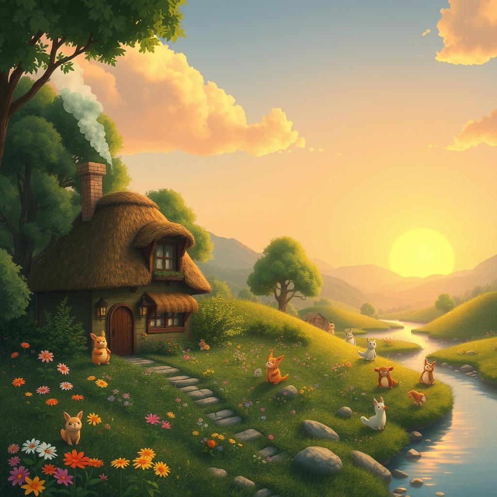A whimsical, enchanting scene inspired by Studio Ghibli's animation style, featuring lush green landscapes filled with magical creatures and vibrant flowers