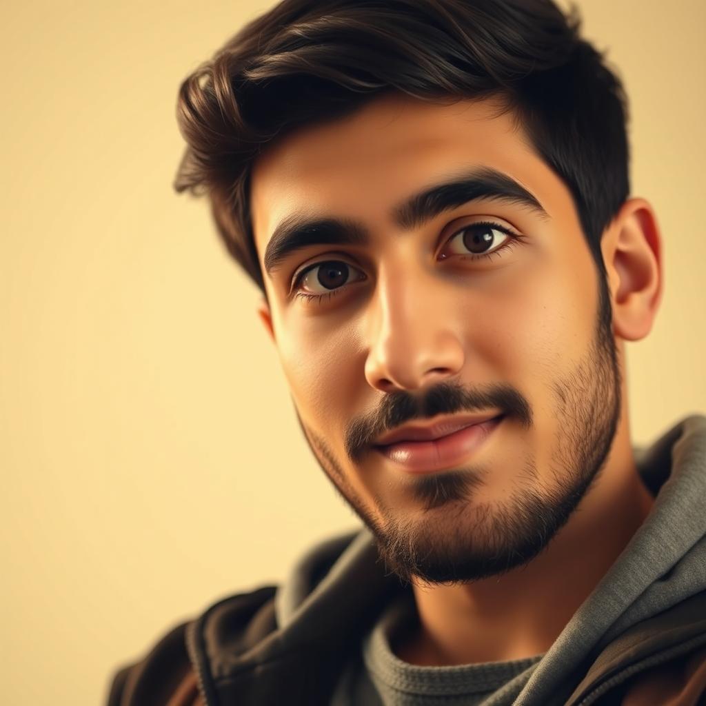 An image featuring half of a young Iranian male student's face looking directly at the viewer from the front, with a soft cream-colored background