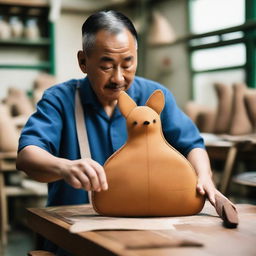 A man is crafting a kangaroo-shaped bag in a bag factory, designed in a vintage style.