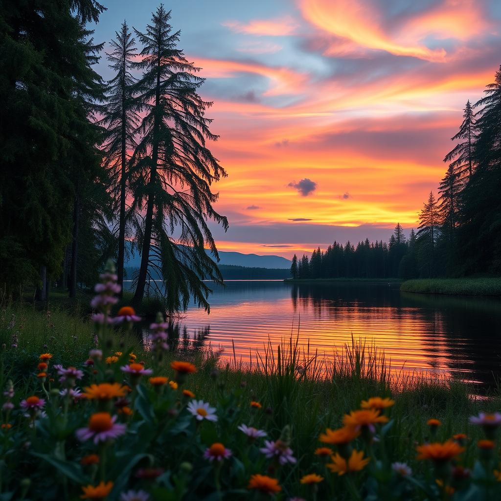 A picturesque landscape at dusk featuring tall, lush green trees and a tranquil lake reflecting the stunning orange and purple hues of the sunset sky
