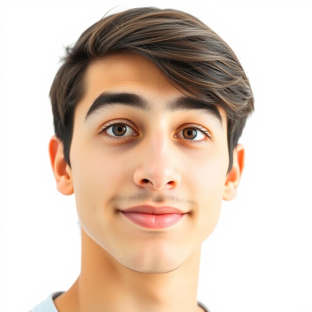 An image featuring the right half of a young Iranian male student's face looking directly at the viewer from the front, set against a plain white background