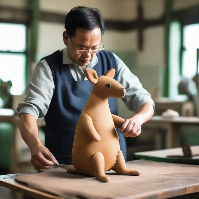 A man is crafting a kangaroo-shaped bag in a bag factory, designed in a vintage style.