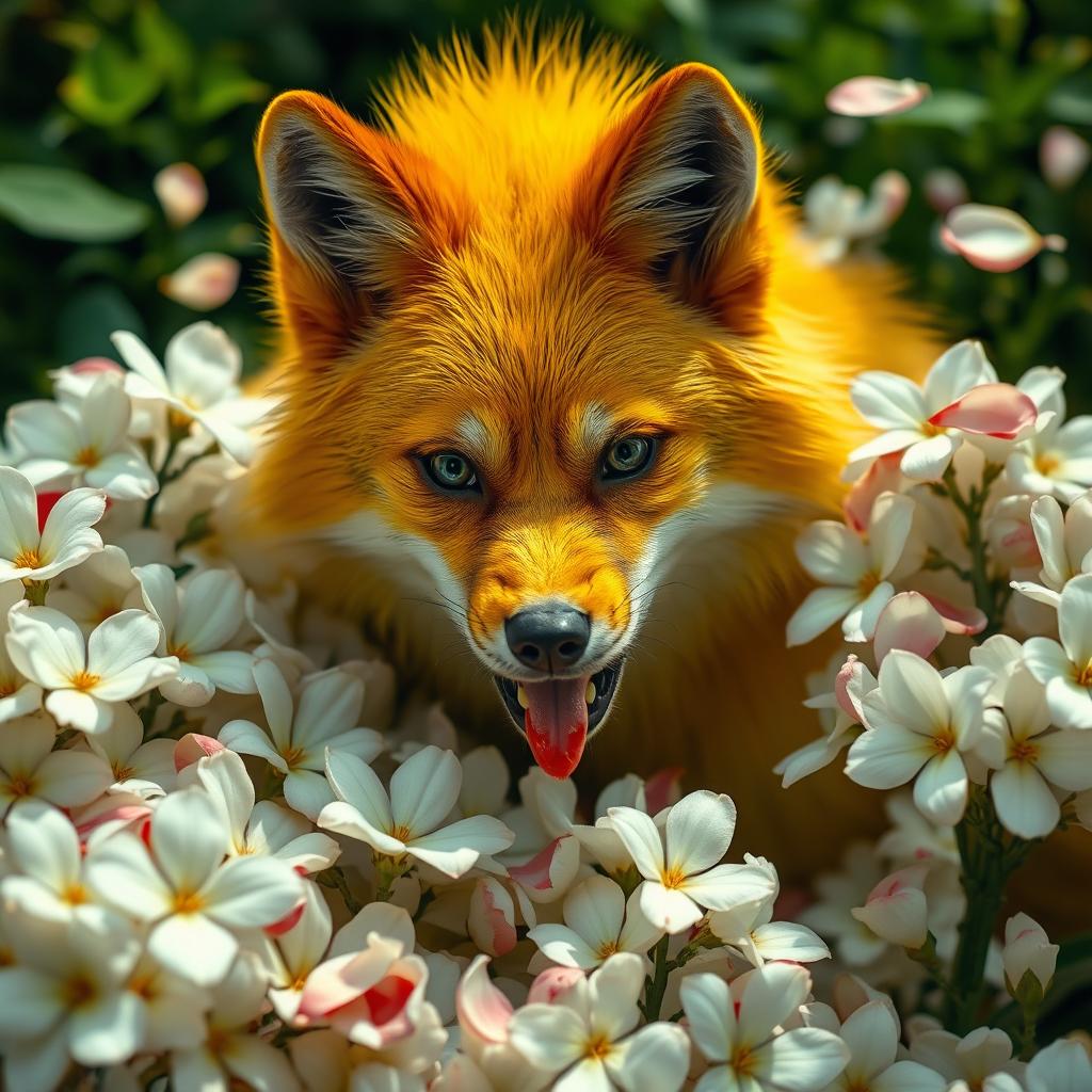 A vividly detailed scene featuring a yellow wolf girl surrounded by an abundance of white flowers, with a dramatic expression of distress