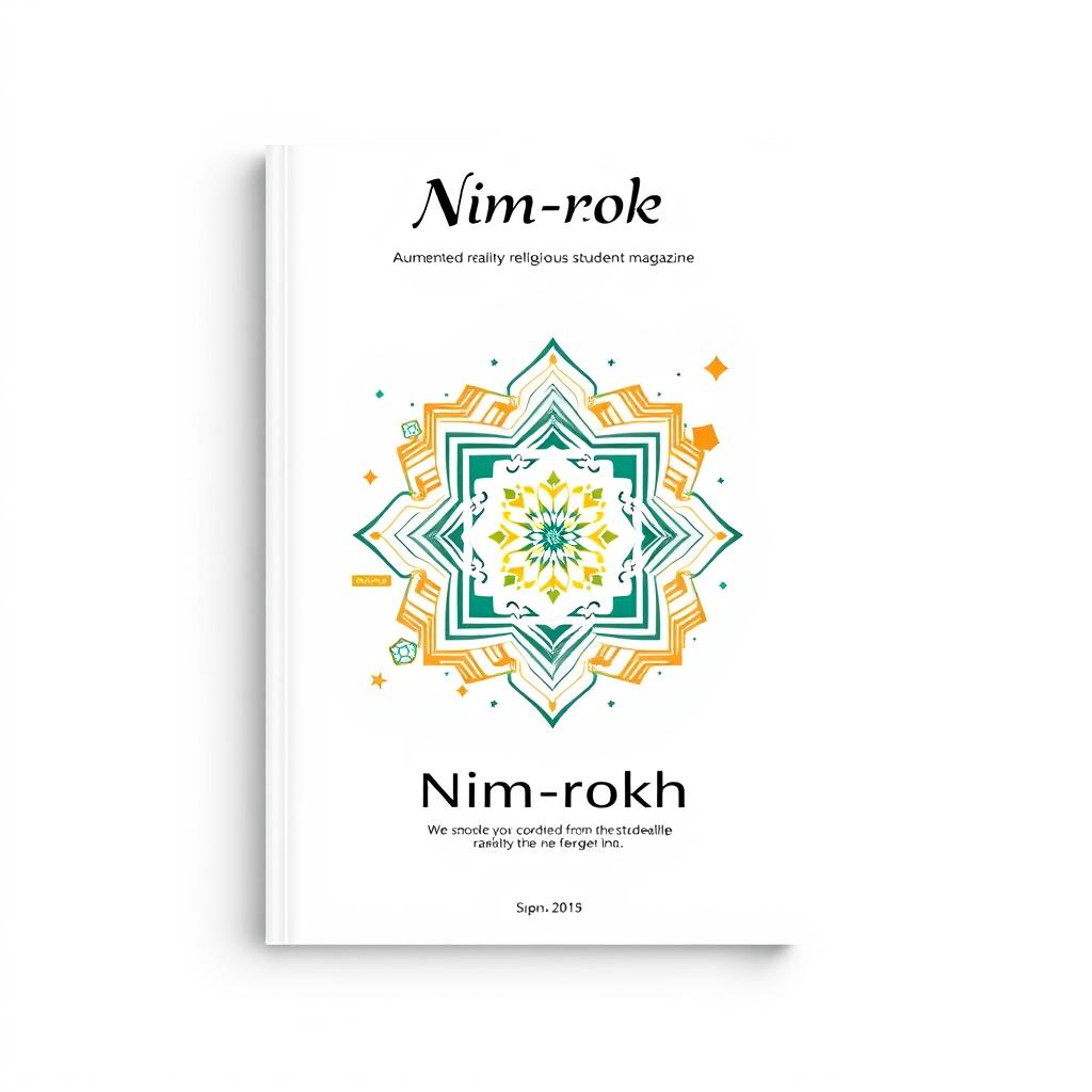 A dynamic design concept for the cover page of an augmented reality religious student magazine titled "نیم‌رخ" (Nim-rokh) with a clean white background