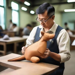 A man is crafting a kangaroo-shaped bag in a bag factory, designed in a vintage style.