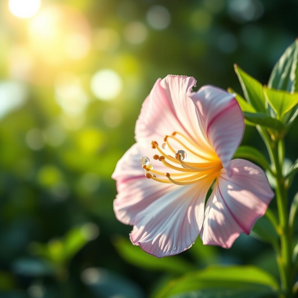 A hyper-realistic portrait of a serene scene featuring a beautiful, realistic close-up of a delicate flower with dewdrops on its petals, showcasing intricate details like the texture of the petals and the vibrant colors of the flower, surrounded by lush greenery and gentle sunlight filtering through the leaves, creating a soft bokeh effect in the background, evoking a sense of tranquility and natural beauty