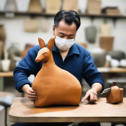 A man is crafting a kangaroo-shaped bag in a bag factory, designed in a vintage style.