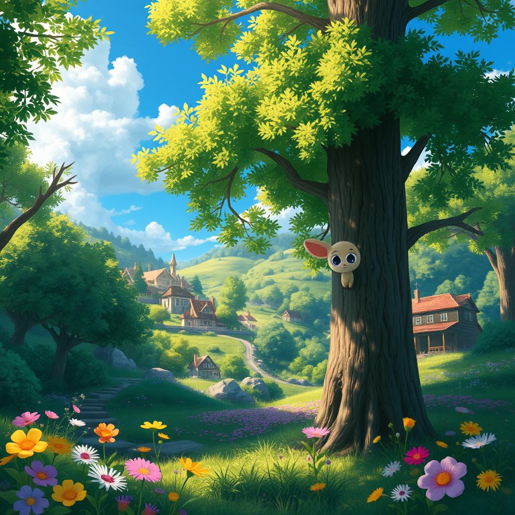 An enchanting landscape scene inspired by the Ghibli style, showcasing a vibrant and lush forest